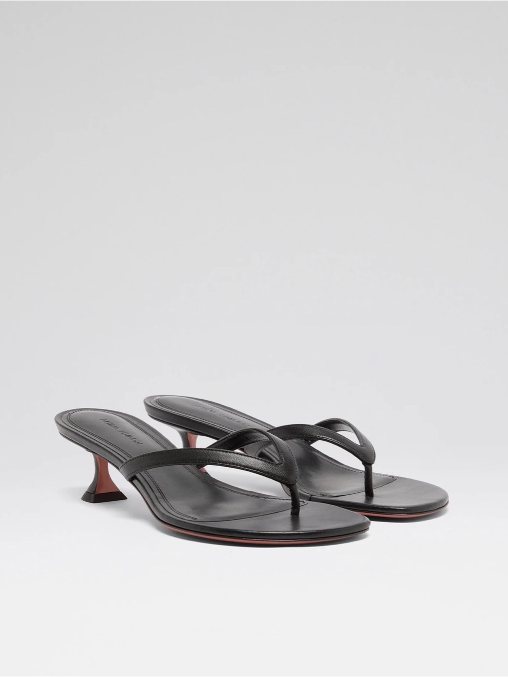 Amina Muaddi Juliette Black Leather Thong Kitten-Heel Sandals